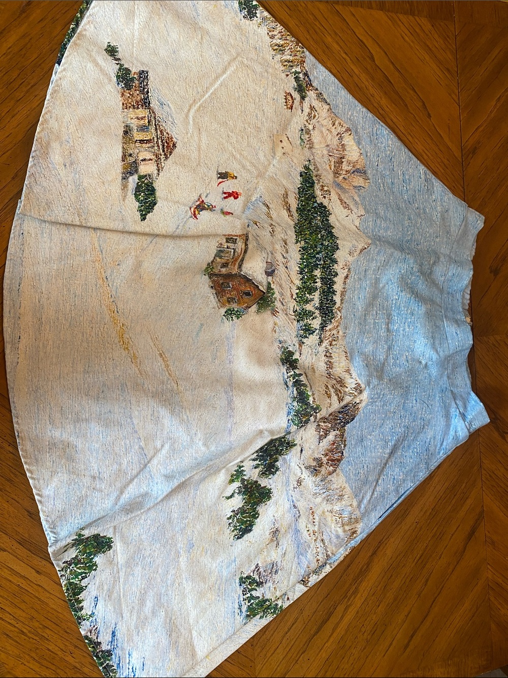 Scenic Print Circle Skirt in Light Blue and Cream